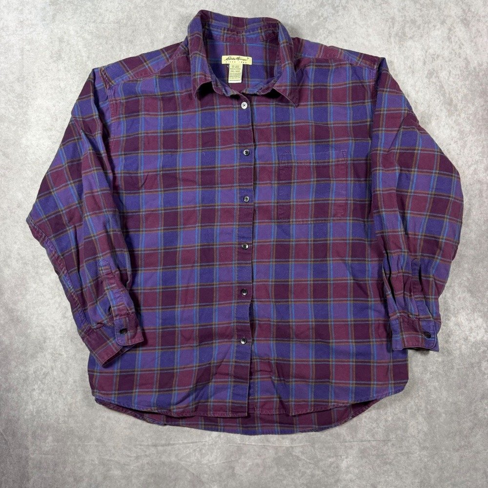 Eddie Bauer Womens XXL Purple Blue Plaid Flannel Button Down Shirt Long Sleeve